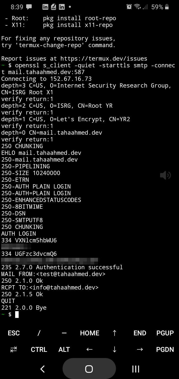 Terminal session showing SMTP STARTTLS handshake and authentication against mail.tahaahmed.dev