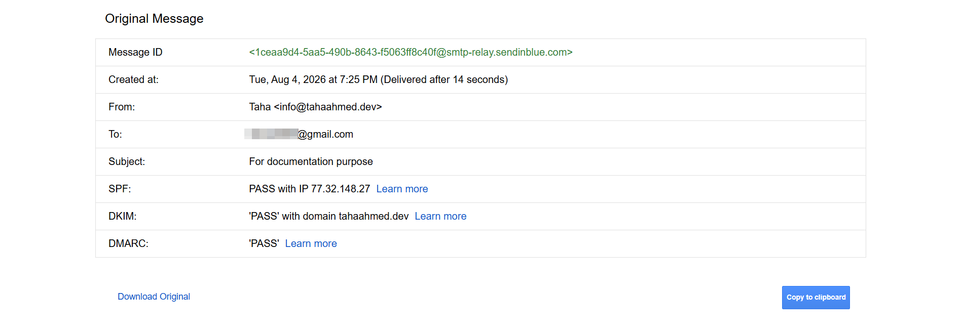 Header inspection showing SPF pass, DKIM pass, and DMARC pass for tahaahmed.dev