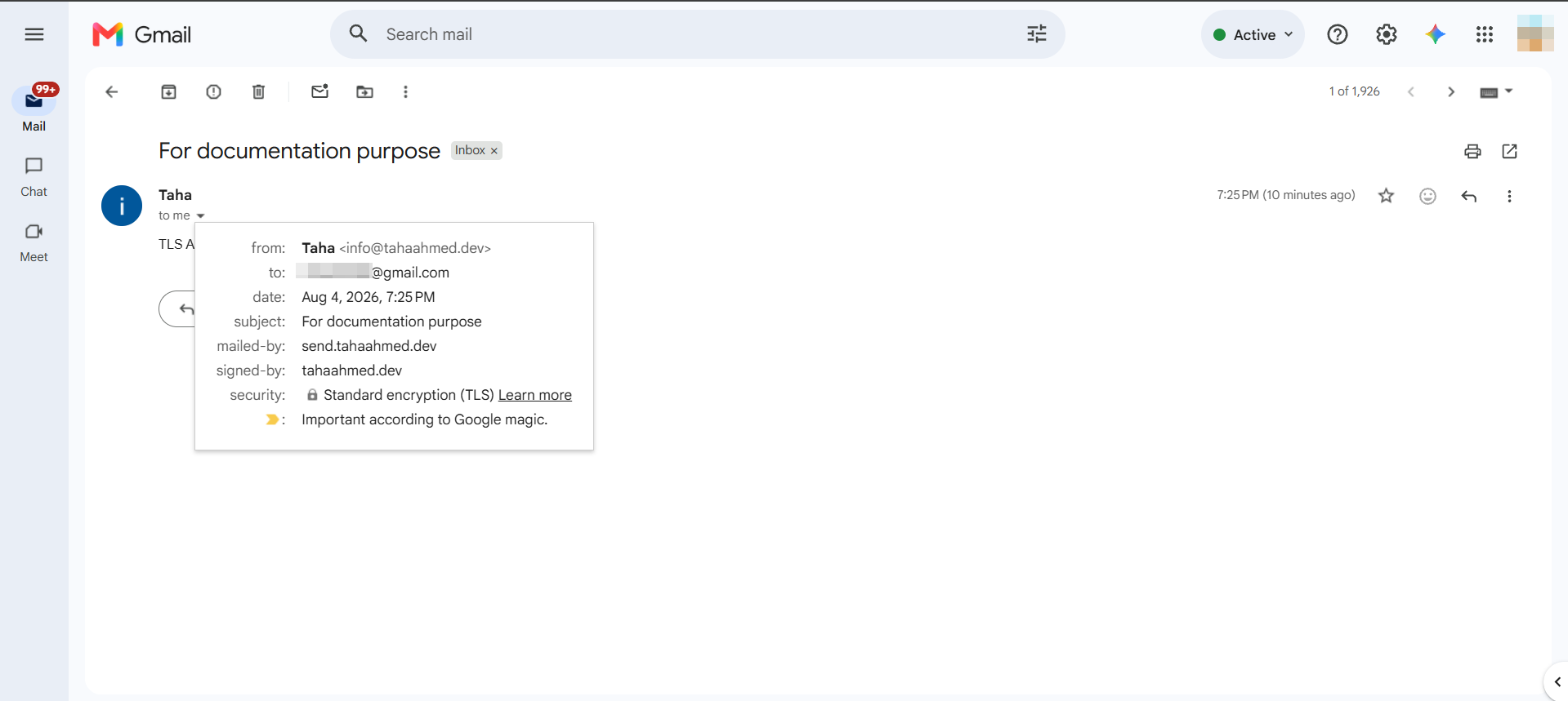 Gmail message details panel showing TLS security and signed-by tahaahmed.dev