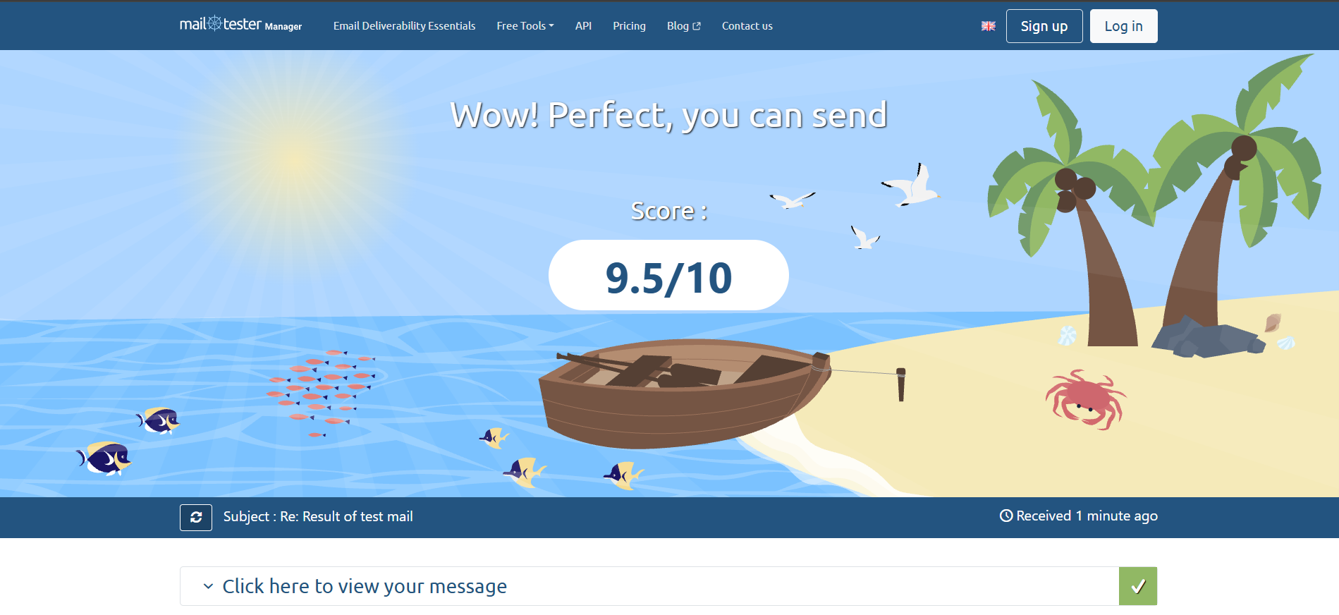 Mail-tester.com result page showing a score of 9.5 out of 10